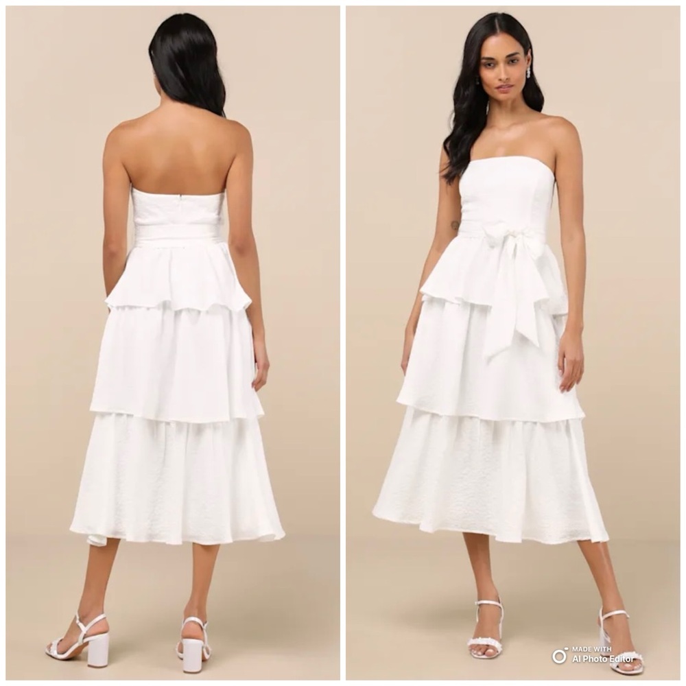 Lulus XS Truly Marvelous White Jacquard Strapless Tiered Midi Dress NWOT